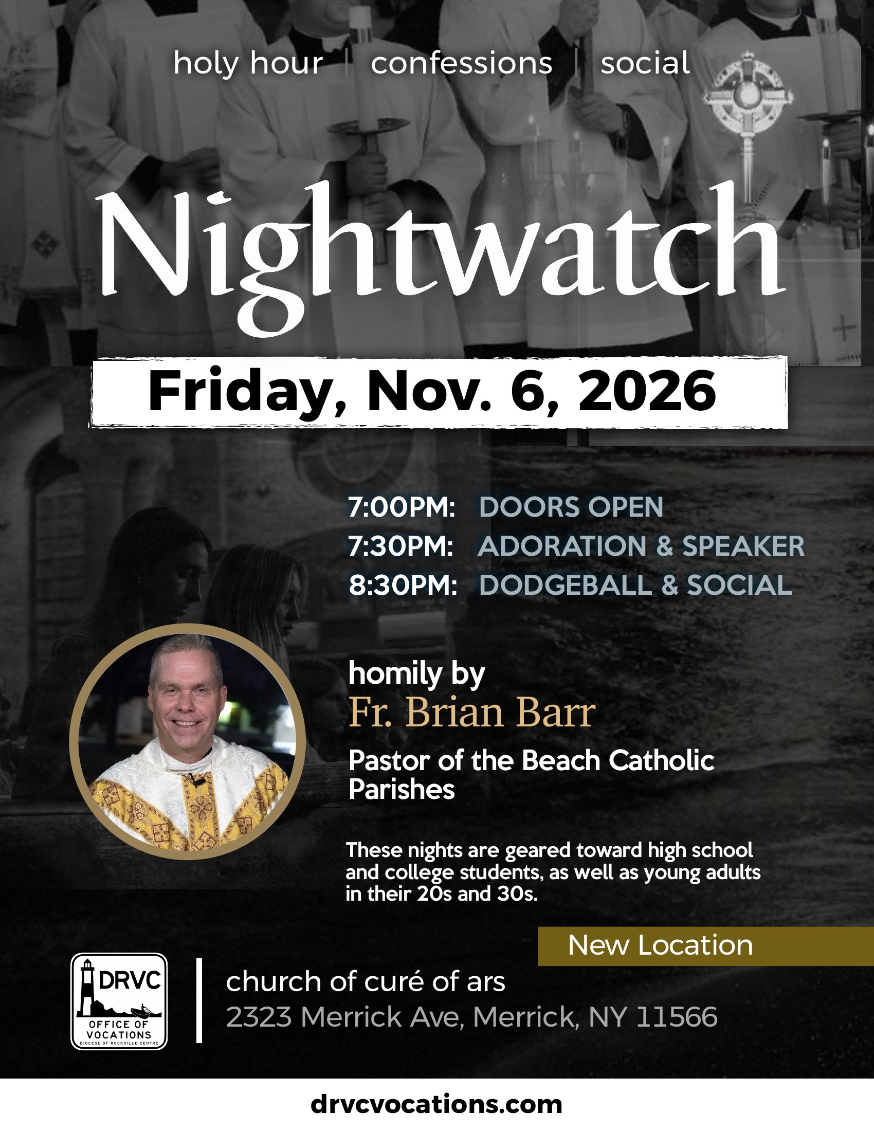 Nightwatch Nov 6 2026 Nightwatch flyer: Friday, November 6, 2026, at Church of Curé of Ars, Merrick